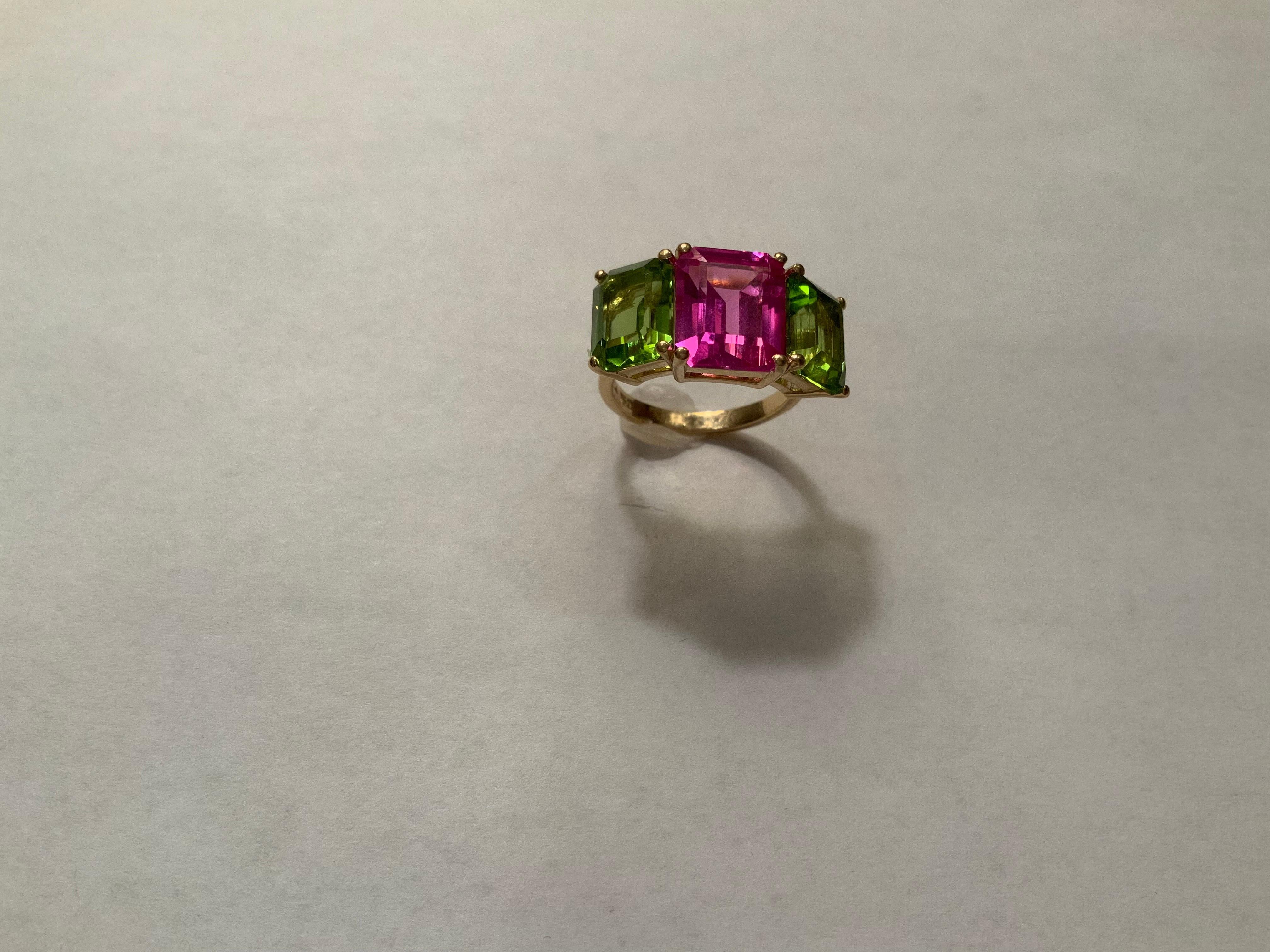 Yellow Gold Semi Precious Mini Emerald Cut Ring with Pink Topaz and Peridot For Sale 10