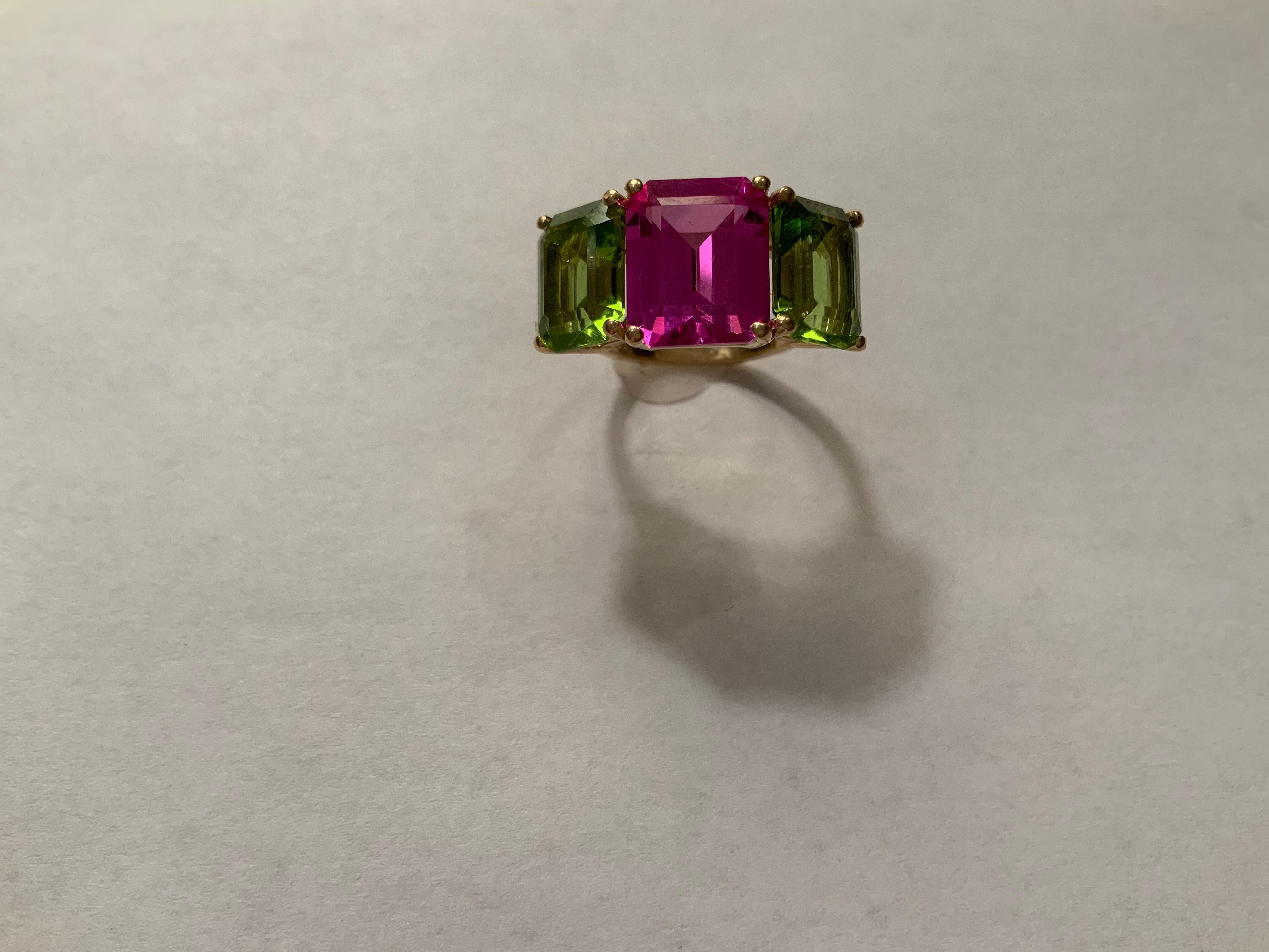 Yellow Gold Semi Precious Mini Emerald Cut Ring with Pink Topaz and Peridot For Sale 11