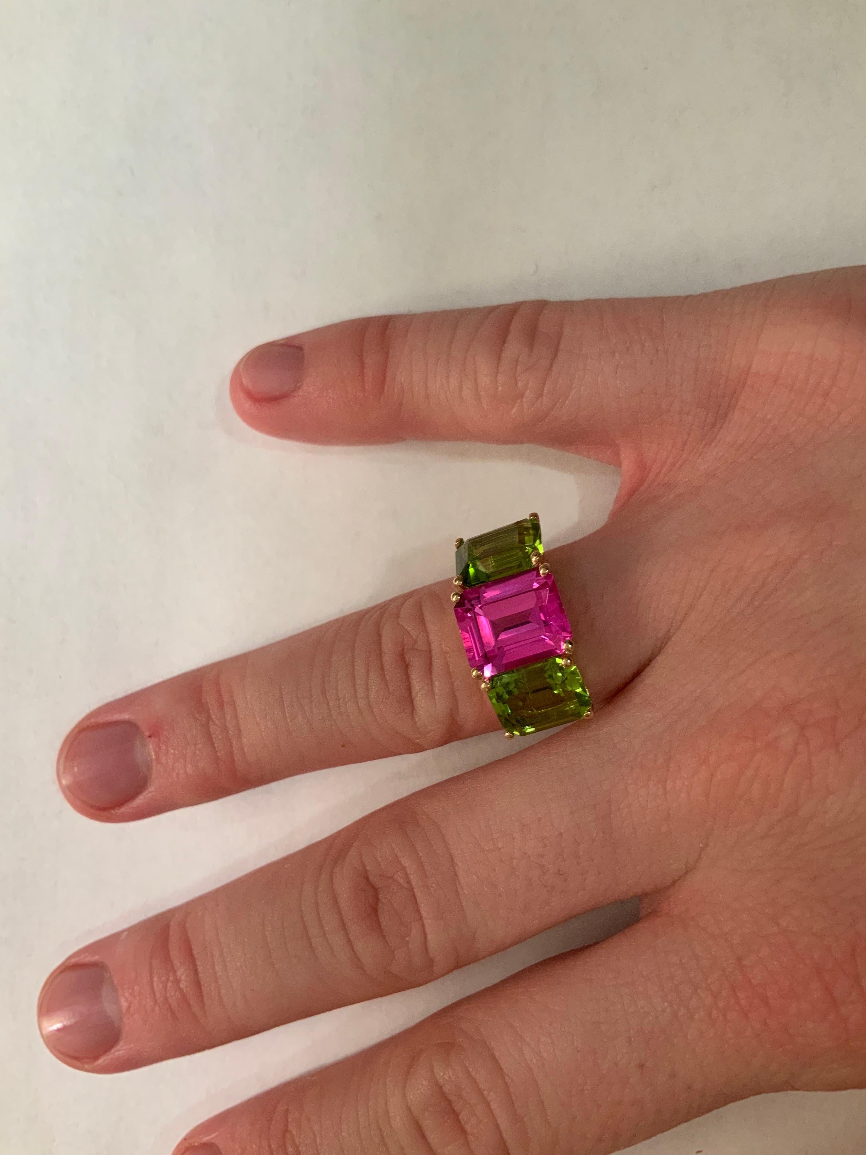 Yellow Gold Semi Precious Mini Emerald Cut Ring with Pink Topaz and Peridot In New Condition For Sale In New York, NY
