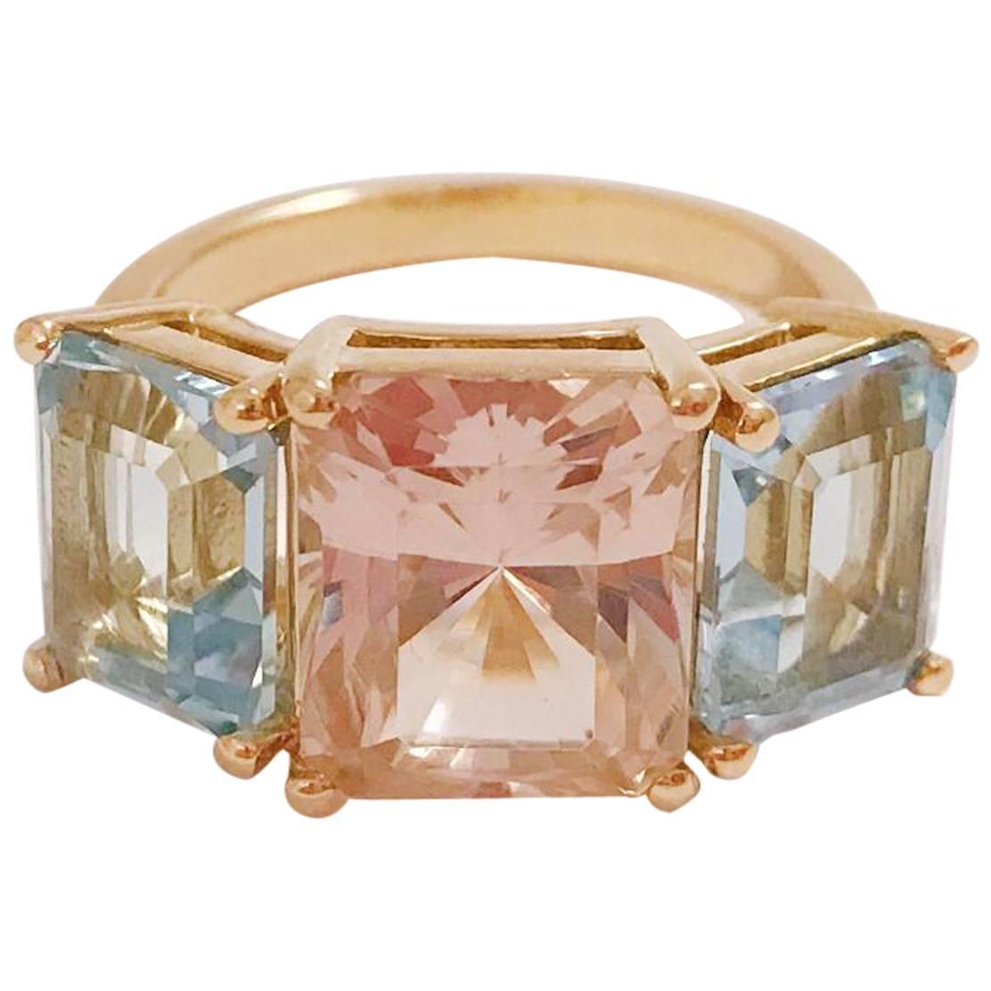 Christina Addison Yellow Gold Mini Emerald Cut Ring with Pink Topaz Peridot For Sale 1