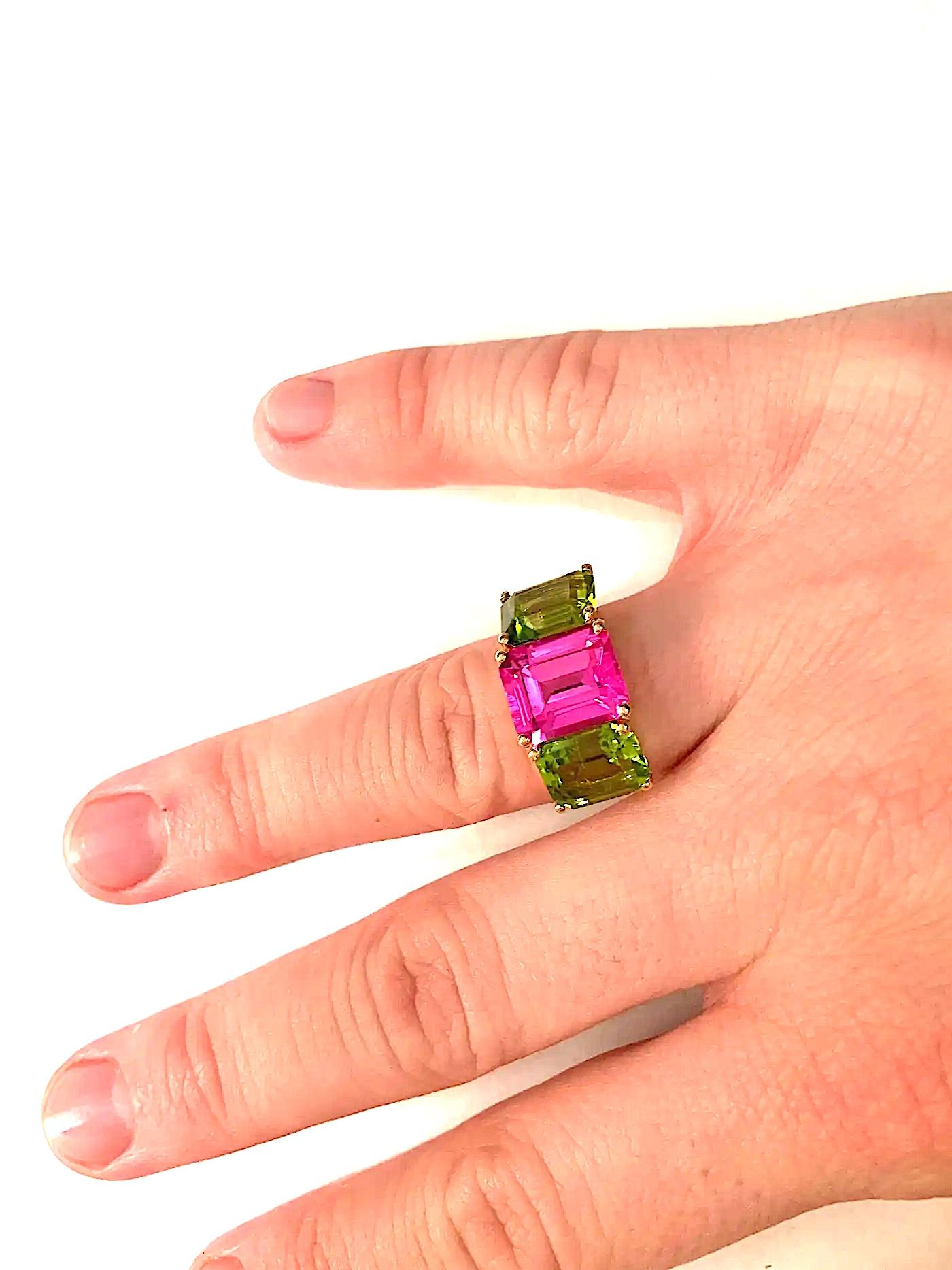 Contemporary Yellow Gold Semi Precious Mini Emerald Cut Ring with Pink Topaz and Peridot For Sale