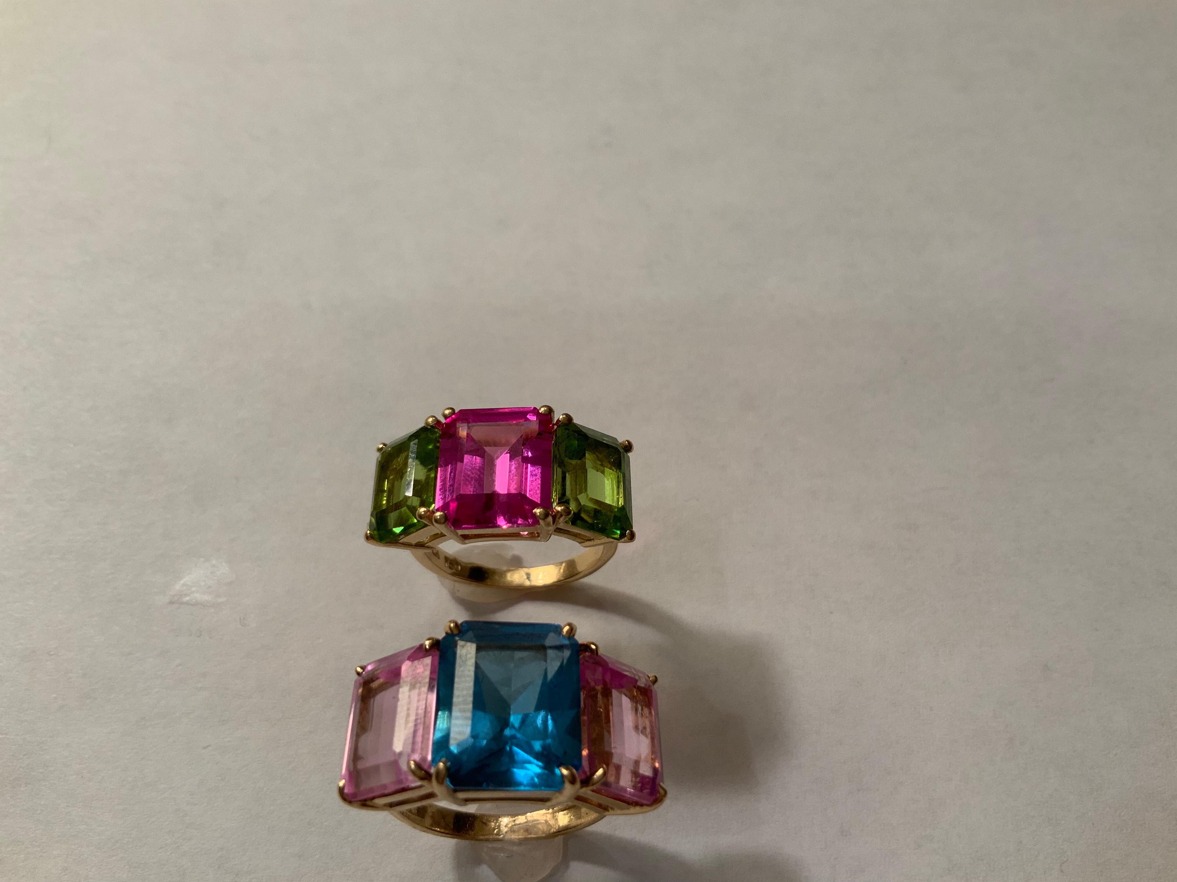 Yellow Gold Semi Precious Mini Emerald Cut Ring with Pink Topaz and Peridot For Sale 6