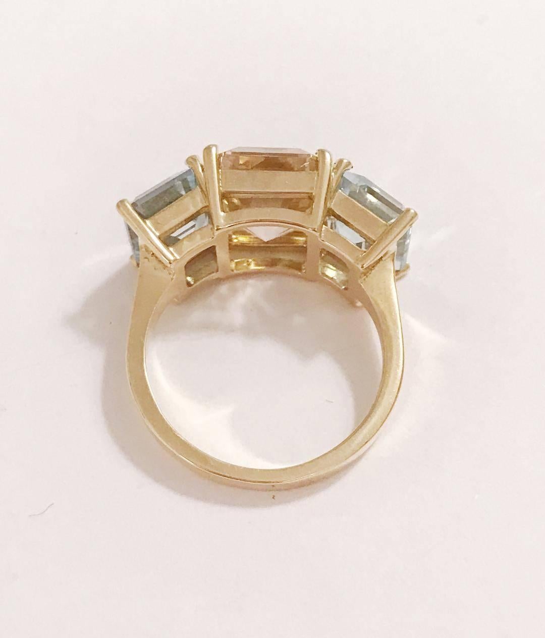 Yellow Gold Semi Precious Mini Emerald Cut Ring with Pink Topaz and Peridot For Sale 7