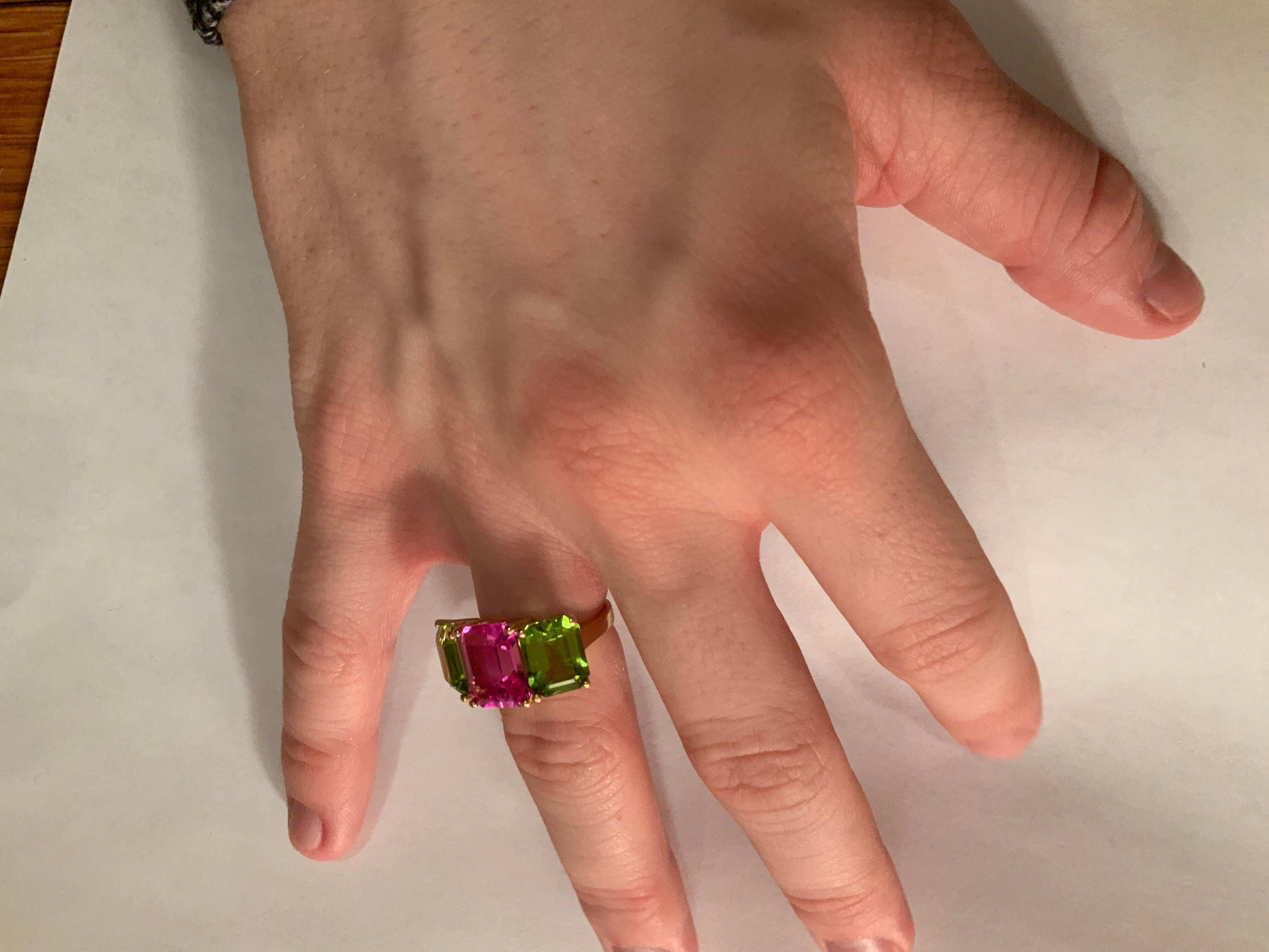 Yellow Gold Semi Precious Mini Emerald Cut Ring with Pink Topaz and Peridot For Sale 8