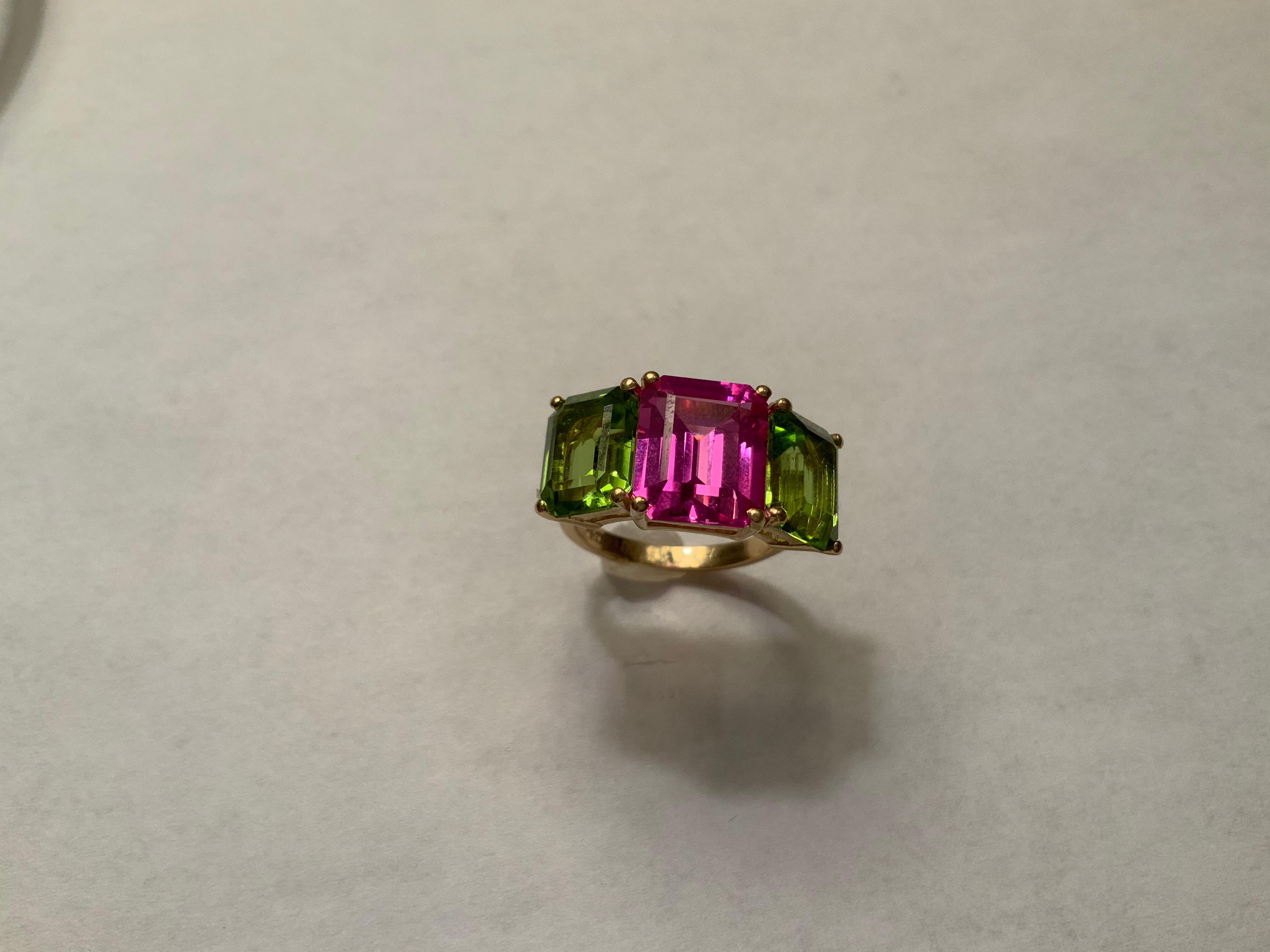 Yellow Gold Semi Precious Mini Emerald Cut Ring with Pink Topaz and Peridot For Sale 9