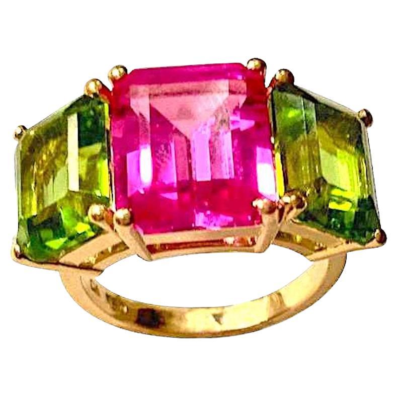 Yellow Gold Semi Precious Mini Emerald Cut Ring with Pink Topaz and Peridot For Sale