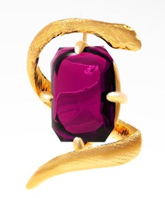 Yellow Gold Serpent Brooch with Natural Raspberry Pink Red Tourmaline