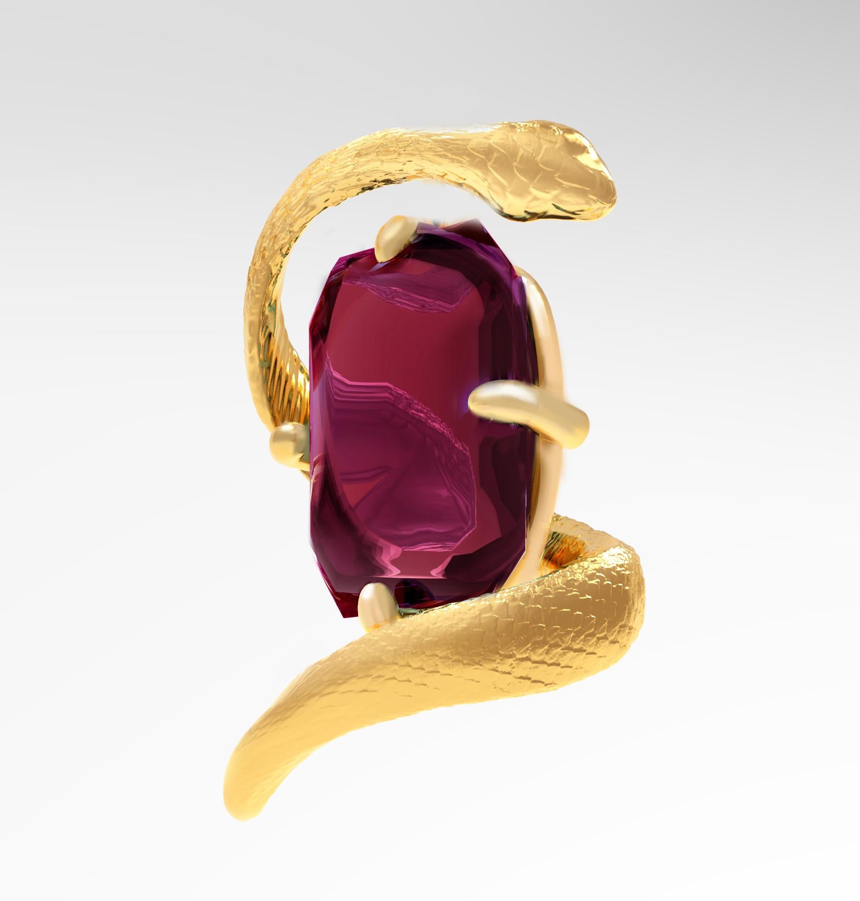 Yellow Gold Serpent Brooch with Natural Raspberry Pink Red Tourmaline in vendita 2