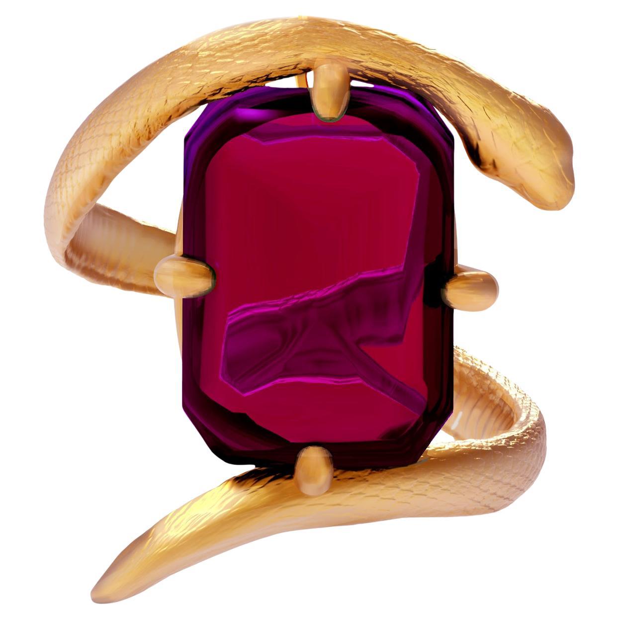 Yellow Gold Serpent Brooch with Natural Raspberry Pink Red Tourmaline
