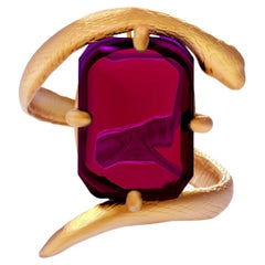 Yellow Gold Serpent Brooch with Natural Raspberry Pink Red Tourmaline