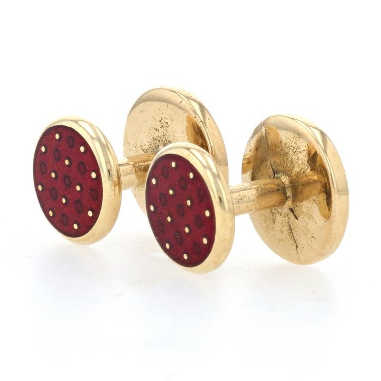 Yellow Gold Set of 2 Men's Shirt Studs, 18k Red Enamel Polka Dots For