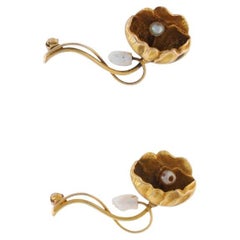 Yellow Gold Set of Two Art Nouveau Pearl Flower Brooches - 10k Blossom Pins