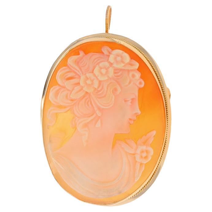 Yellow Gold Shell Brooch/Pendant - 14k Cameo Silhouette Convertible Pin Italy For Sale