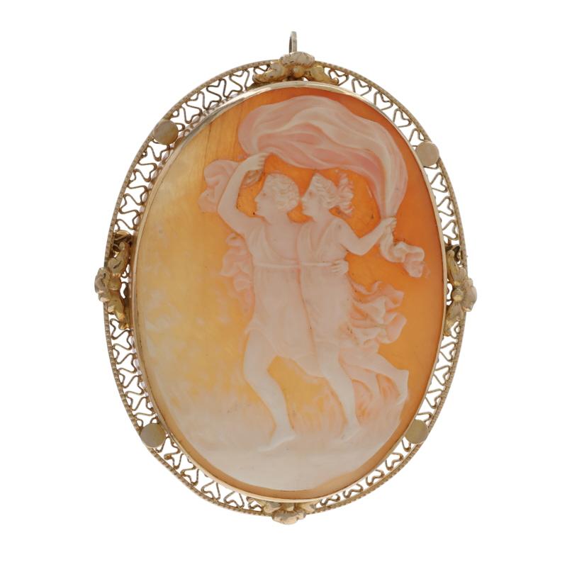Era: Vintage

Metal Content: 14k Yellow Gold

Stone Information

Carved Shell Cameo

Style: Brooch/Pendant
Fastening Type: Hinged Pin and Locking C-Clasp
Theme: Venus 
Psyche, Mythology

Measurements

Tall: 2