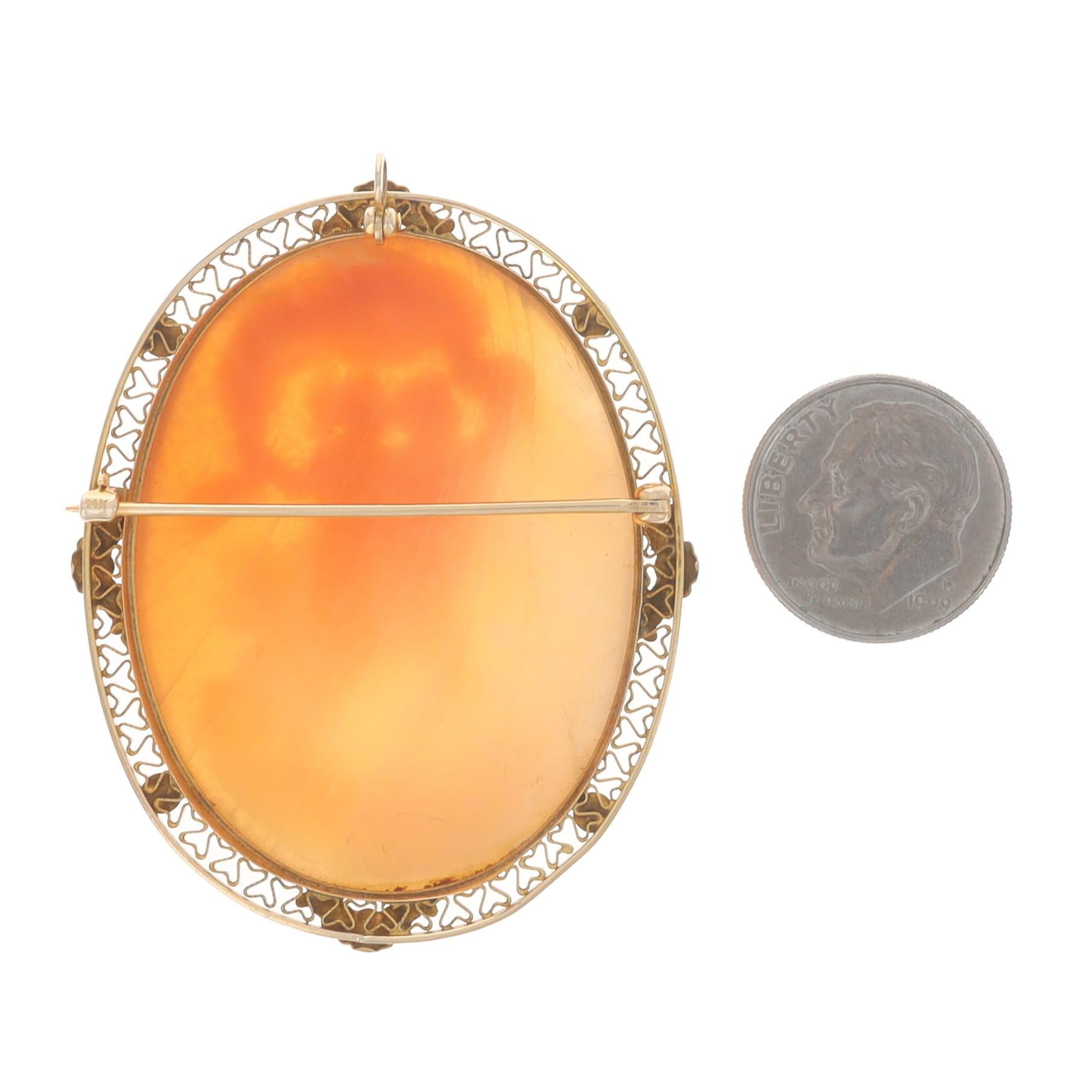 Women's Yellow Gold Shell Cameo Vintage Venus & Psyche Brooch/Pendant 14k Mythology Pin For Sale