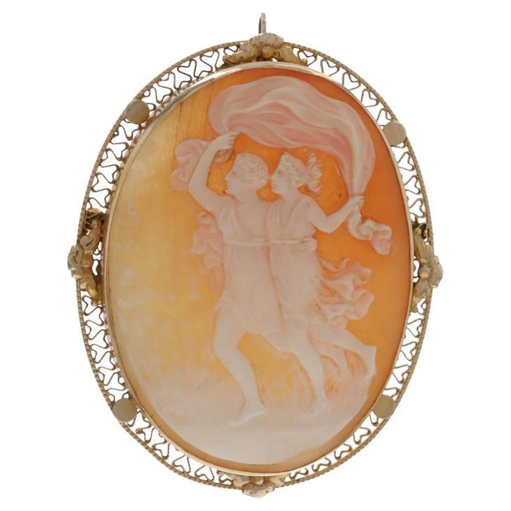 Spilla/pendente in oro giallo con cammeo a conchiglia vintage Venere e Psiche 14k Mitologia