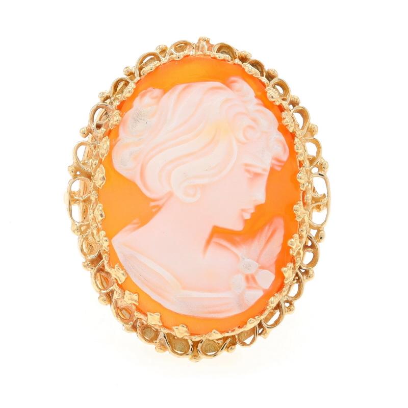 Size: 5 1/2
Sizing Fee: Up 3 sizes for $35 or Down 1/2 a size for $25

Metal Content: 14k Yellow Gold

Stone Information

Natural Shell
Cut: Carved Cameo
Size: 24.7mm x 17.7mm

Style: Cocktail Solitaire
Theme: Silhouette
Features: Split