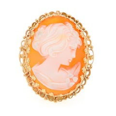 Yellow Gold Shell Cocktail Solitaire Ring - 14k Carved Cameo Silhouette