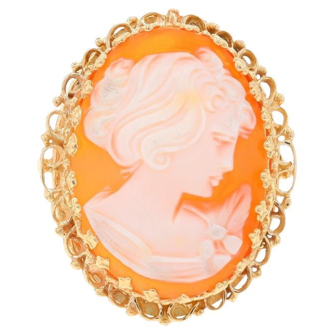 Yellow Gold Shell Cocktail Solitaire Ring - 14k Carved Cameo Silhouette