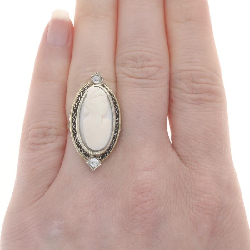 Old European Cut Yellow Gold Shell & Diamond Art Deco Ring 10k & 14k Carved Cameo .20ctw Vintage For Sale