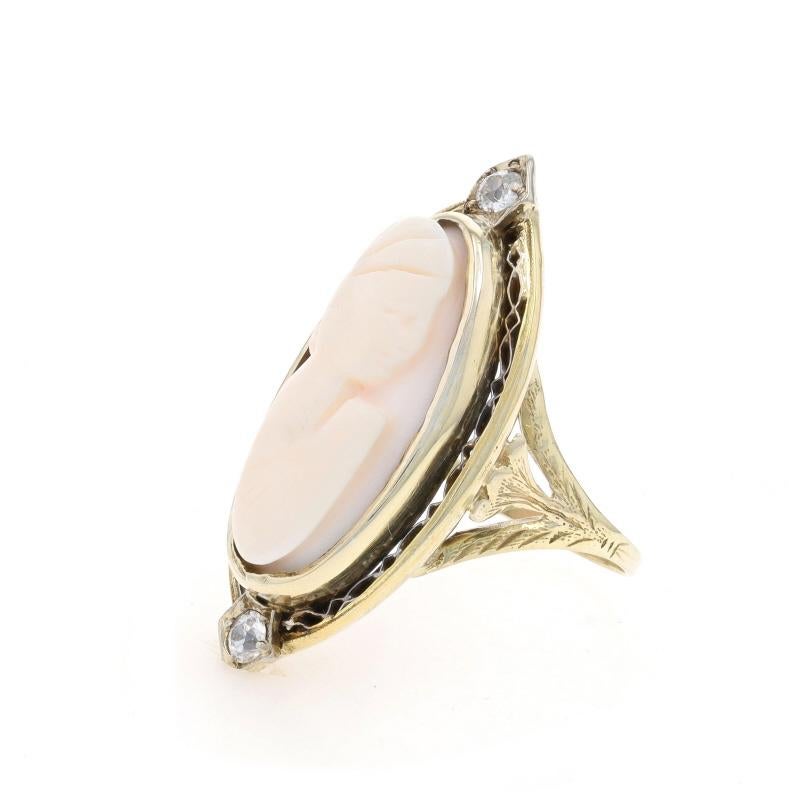 Yellow Gold Shell & Diamond Art Deco Ring 10k & 14k Carved Cameo .20ctw Vintage In Good Condition For Sale In Greensboro, NC