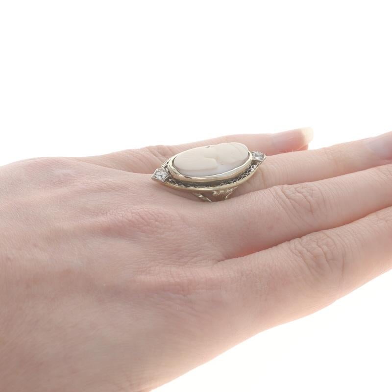 Women's Yellow Gold Shell & Diamond Art Deco Ring 10k & 14k Carved Cameo .20ctw Vintage For Sale
