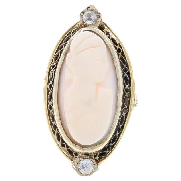 Yellow Gold Shell & Diamond Art Deco Ring 10k & 14k Carved Cameo .20ctw Vintage