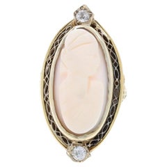 Yellow Gold Shell & Diamond Art Deco Ring 10k & 14k Carved Cameo .20ctw Vintage