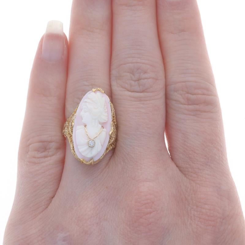 Round Cut Yellow Gold Shell & Diamond Art Deco Ring - 14k Carved Cameo Silhouette Filigree