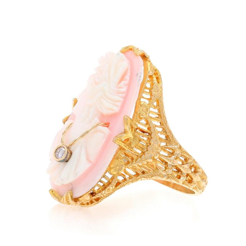 Yellow Gold Shell & Diamond Art Deco Ring - 14k Carved Cameo Silhouette Filigree In Excellent Condition In Greensboro, NC