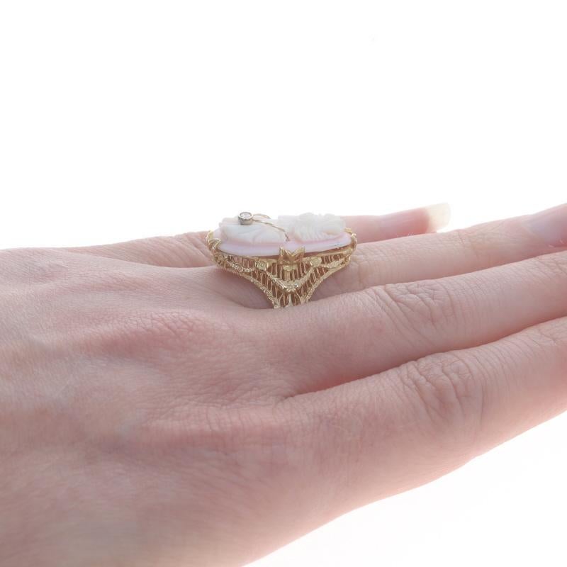 Yellow Gold Shell & Diamond Art Deco Ring - 14k Carved Cameo Silhouette Filigree In Excellent Condition In Greensboro, NC