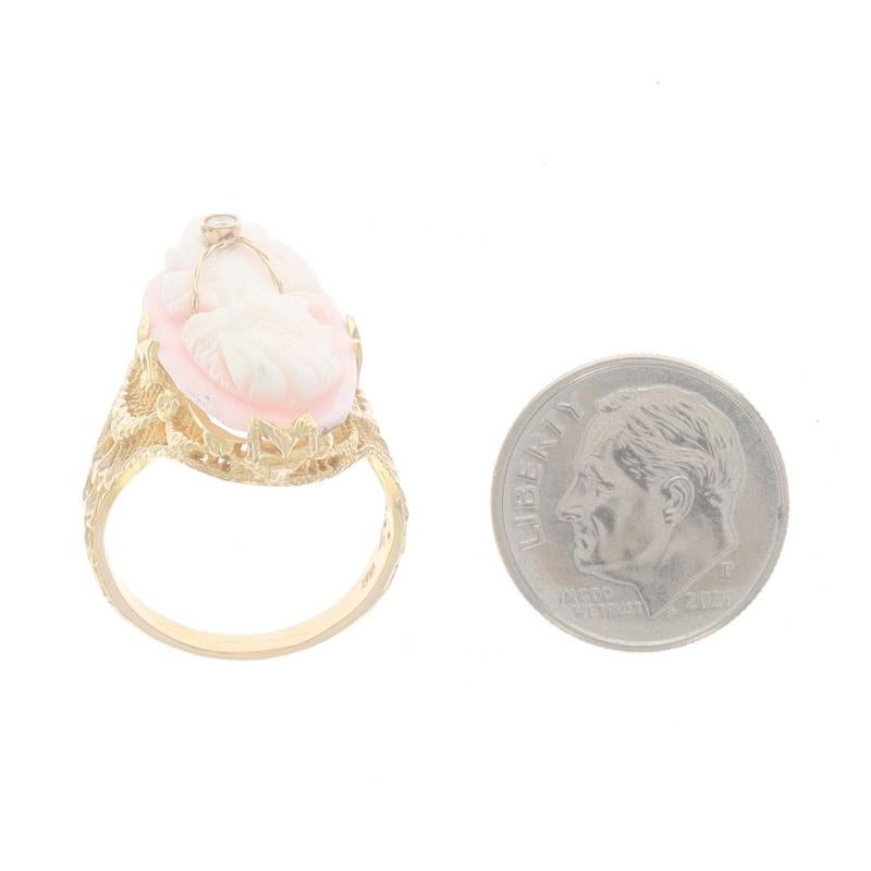 Women's Yellow Gold Shell & Diamond Art Deco Ring - 14k Carved Cameo Silhouette Filigree