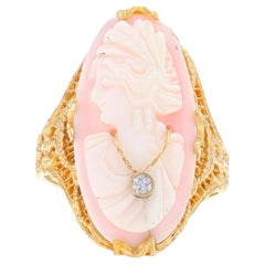 Yellow Gold Shell & Diamond Art Deco Ring - 14k Carved Cameo Silhouette Filigree