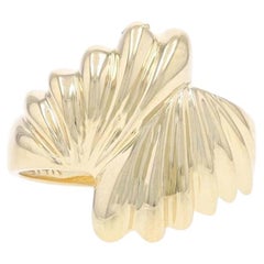 Yellow Gold Shell Fan Bypass Statement Ring - 14k Ribbed Scallop