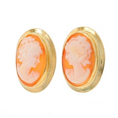 Yellow Gold Shell Large Stud Earrings - 18k Carved Cameo Silhouette Pierced