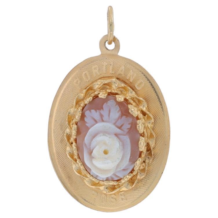 Yellow Gold Shell Portland Rose Pendant - 14k Carved Cameo For Sale