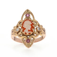 Yellow Gold Shell Ruby Vintage Ring - 14k Carved Cameo .20ctw