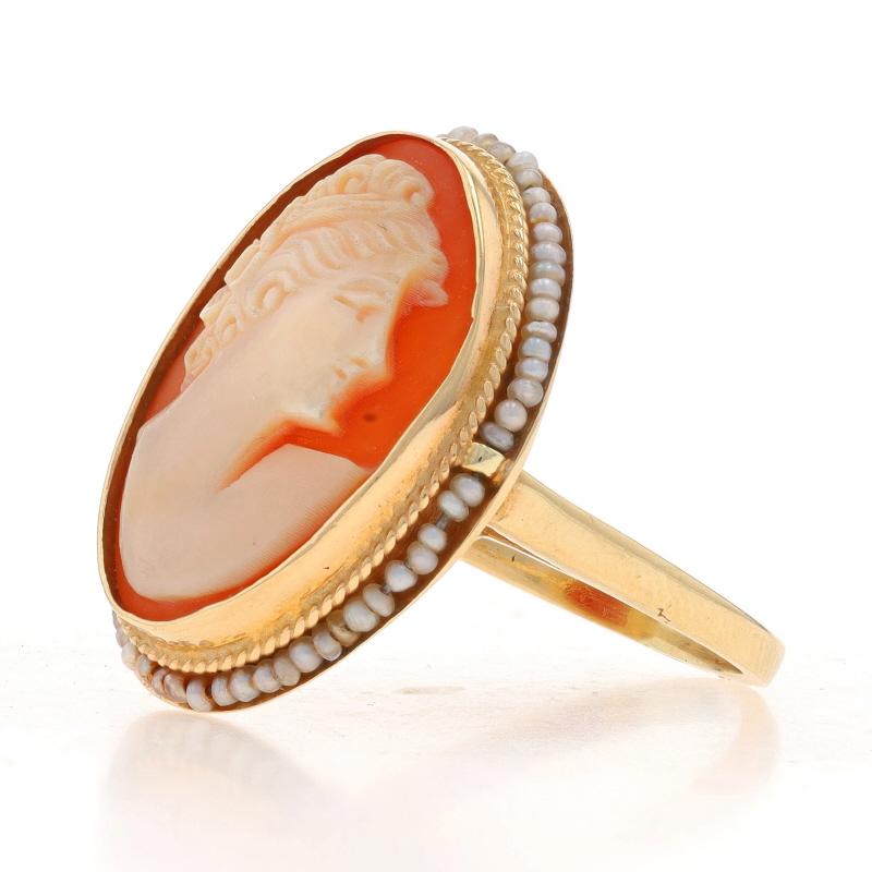 Yellow Gold Shell & Seed Pearl Vintage Halo Cameo Ring - 14k Carved Silhouette In Excellent Condition For Sale In Greensboro, NC