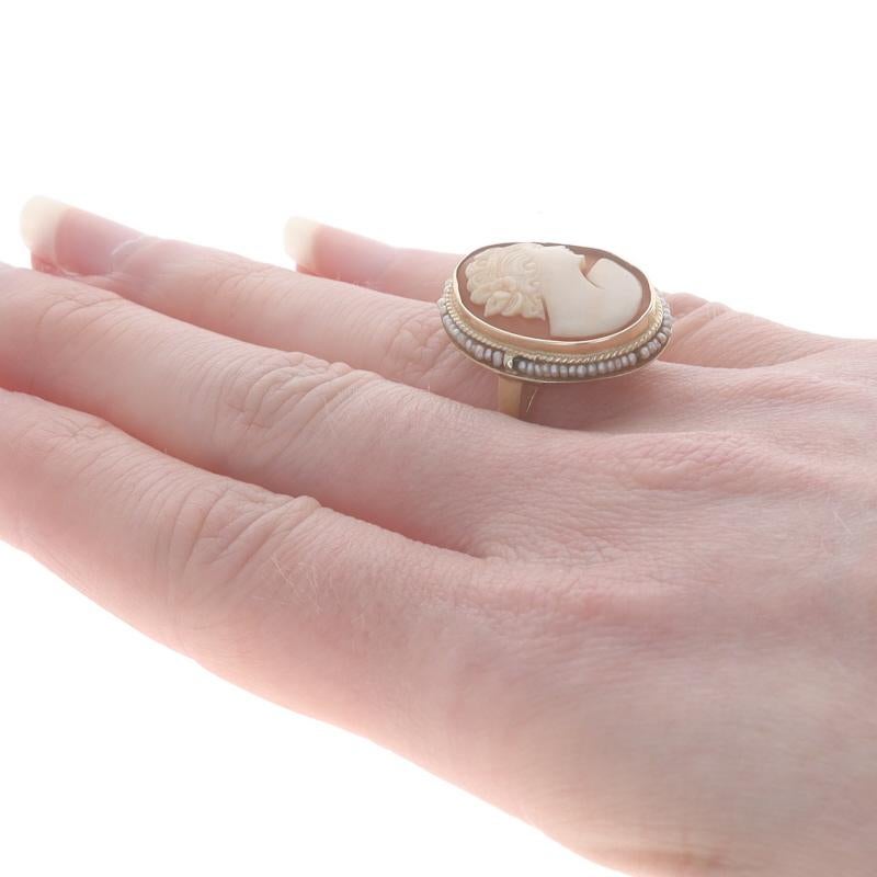 Women's Yellow Gold Shell & Seed Pearl Vintage Halo Cameo Ring - 14k Carved Silhouette For Sale