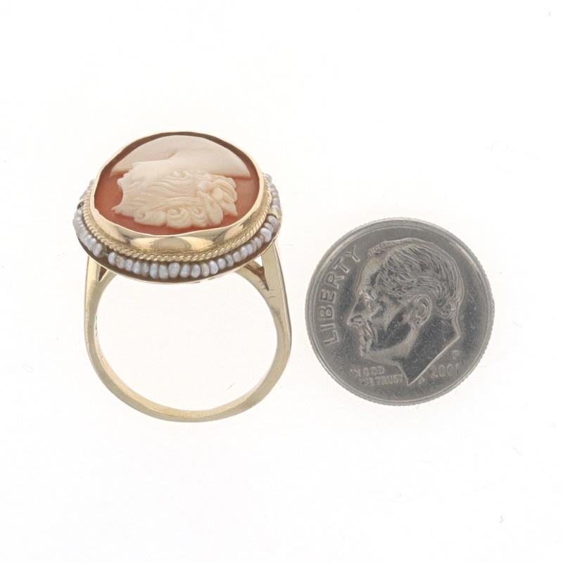 Yellow Gold Shell & Seed Pearl Vintage Halo Cameo Ring - 14k Carved Silhouette For Sale 1