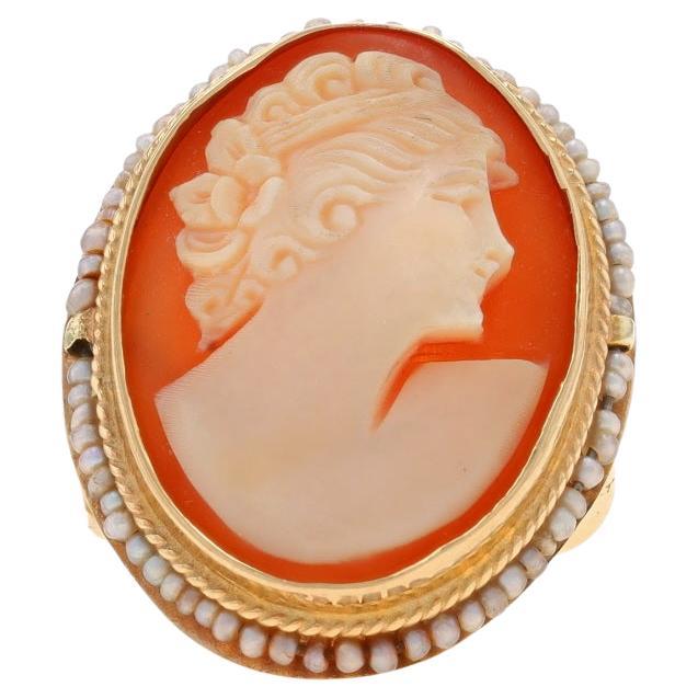 Yellow Gold Shell & Seed Pearl Vintage Halo Cameo Ring - 14k Carved Silhouette