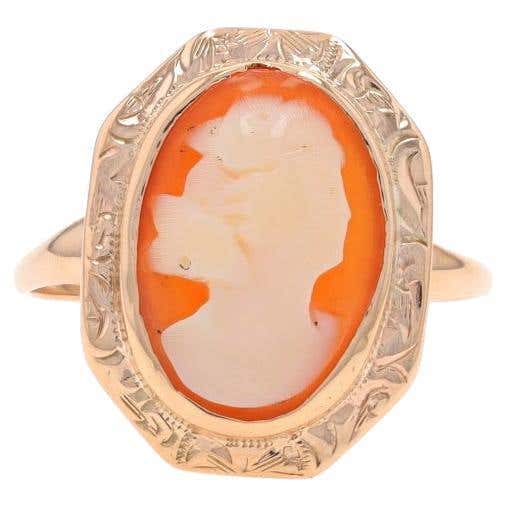 Yellow Gold Shell Vintage Cocktail Solitaire Ring - 10k Carved Cameo ...