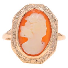 Yellow Gold Shell Vintage Cocktail Solitaire Ring - 10k Carved Cameo Milgrain