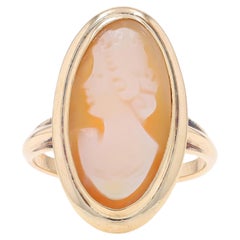 Yellow Gold Shell Vintage Cocktail Solitaire Ring - 10k Carved Cameo Silhouette