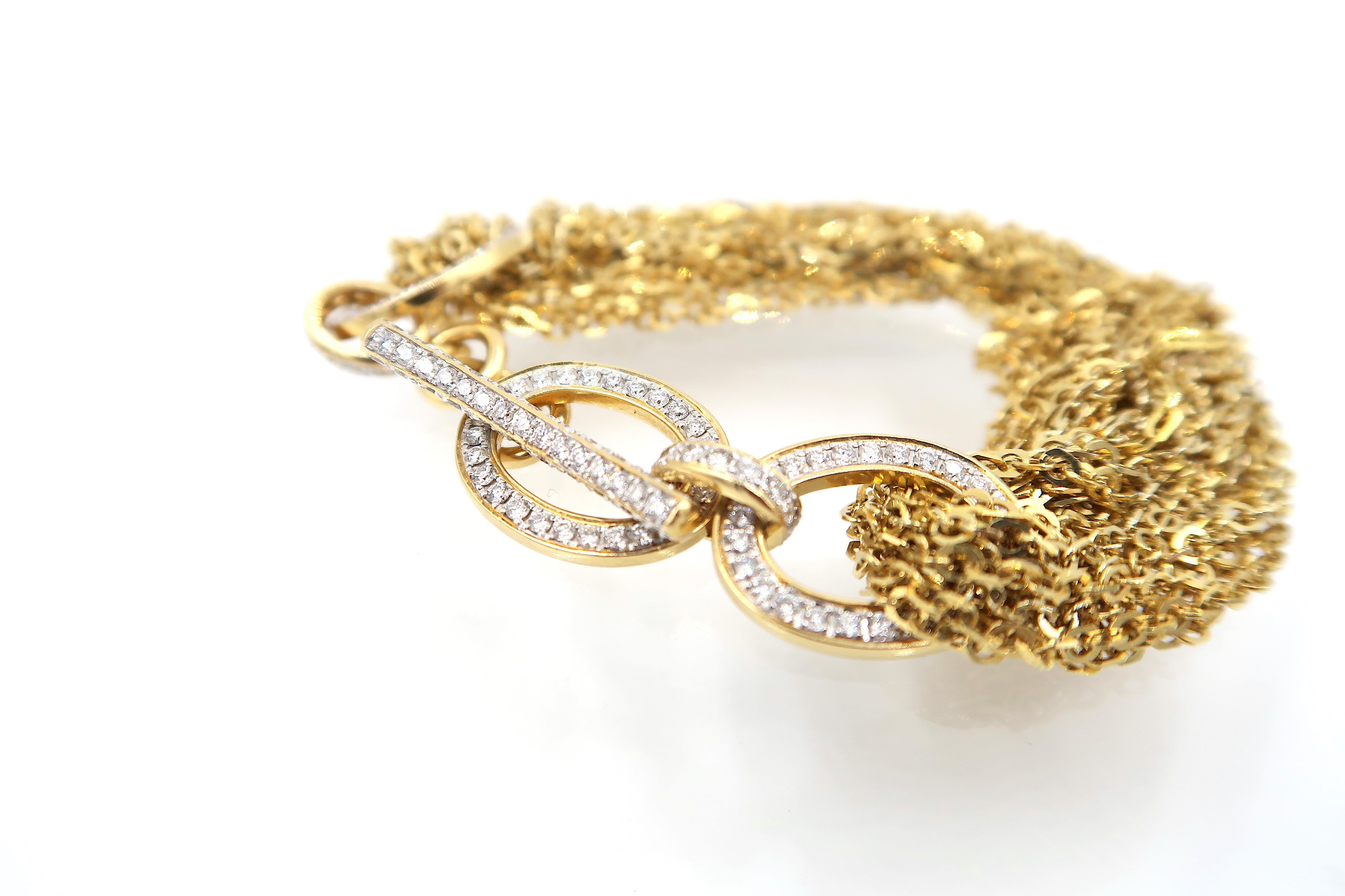 Brilliant Cut Multiple Strand Yellow Gold Shiny Chain Diamond Bracelet For Sale