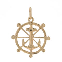 Yellow Gold Ship's Anchor & Helm Pendant - 14k Nautical Sailing Wheel Charm