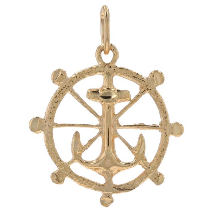 Yellow Gold Ship's Anchor & Helm Pendant - 14k Nautical Sailing Wheel Charm