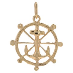 Yellow Gold Ship's Anchor & Helm Pendant - 14k Nautical Sailing Wheel Charm