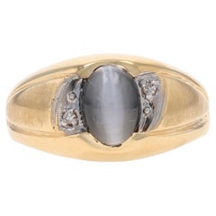 Anello da uomo in oro giallo con diamante simulato a occhio di gatto - Cabochon ovale 10k