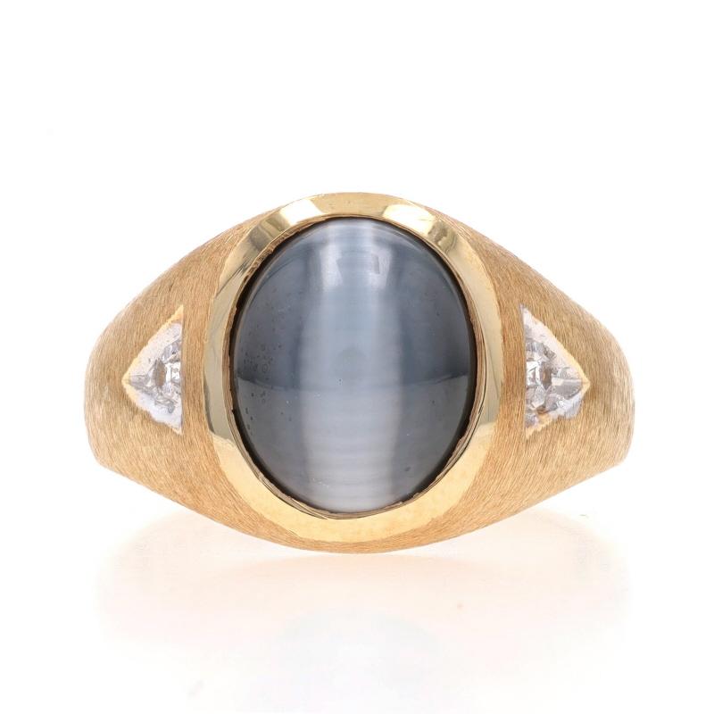Size: 10
Sizing Fee: Up 2 sizes for $30 or Down 2 sizes for $30

Metal Content: 10k Yellow Gold & 10k White Gold

Stone Information

Simulated Cat's Eye
Cut: Oval Cabochon

Synthetic Spinel

Style: Solitaire with Accents
Features: Brushed